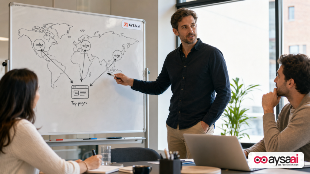 Whiteboard drawing showing CDN edge locations delivering top pages to nearby visitors.