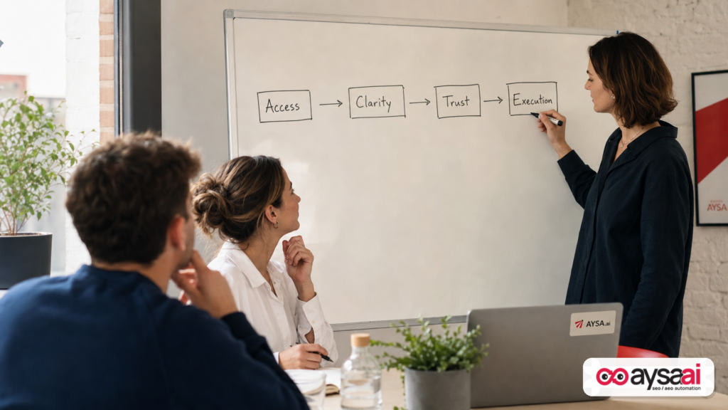 Whiteboard framework connecting access, clarity, and trust to execution.