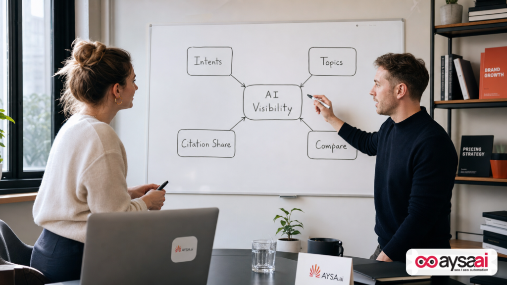 Whiteboard framework explaining Intents, Topics, Citation Share, and Compare for AI visibility reporting.
