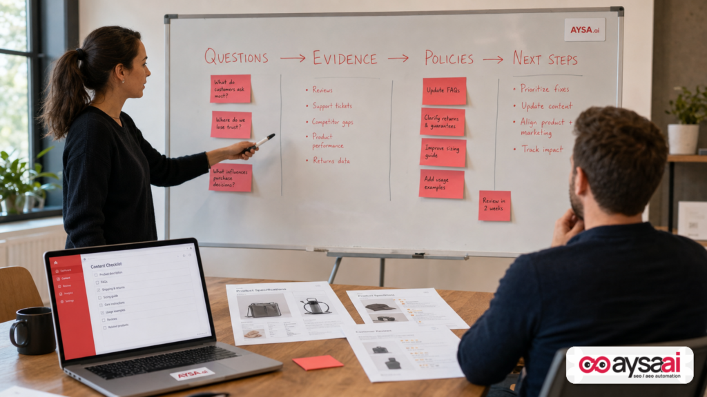 Whiteboard framework for turning customer questions into evidence, policies, and next steps.