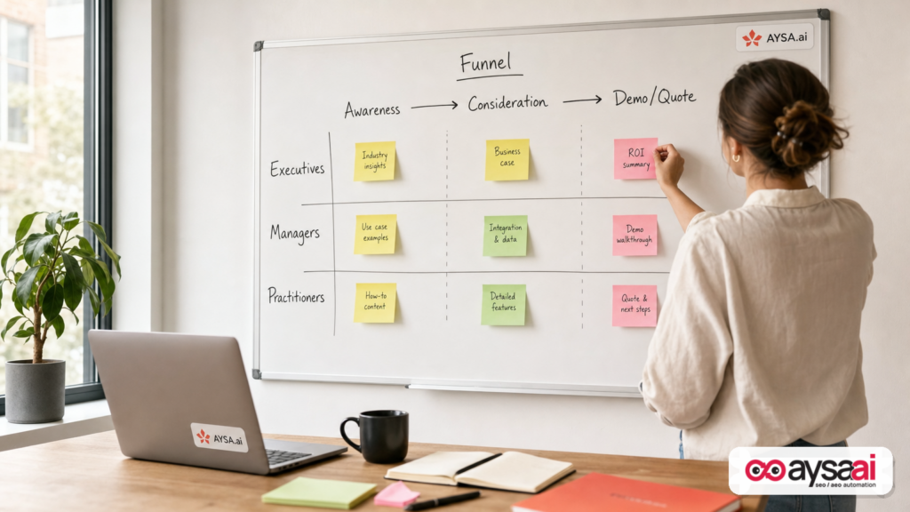 Whiteboard funnel plan split into executive, manager, and practitioner lanes.