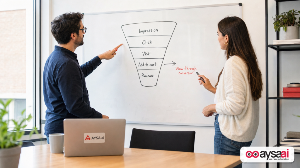 Whiteboard funnel showing where view-through conversions sit relative to clicks and purchases.