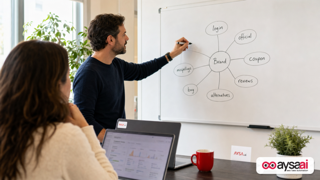 Whiteboard mind map of branded keyword variants for monitoring.