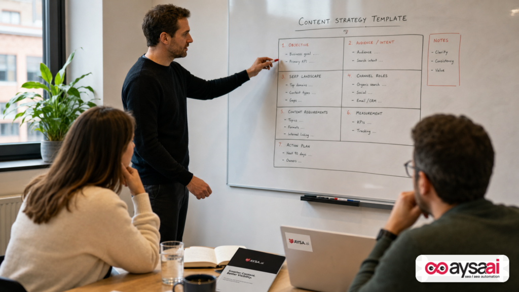 Whiteboard outline of an integrated search brief template with key sections.