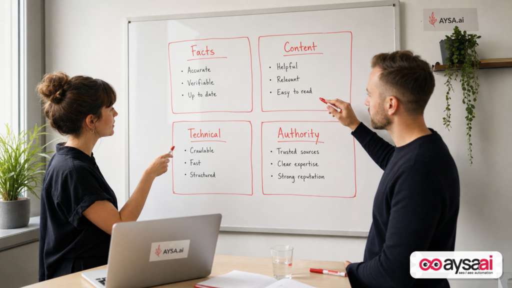 Whiteboard showing four pillars of AI search resilience: facts, content, technical, and authority.