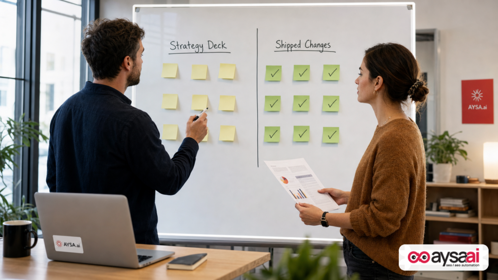 Whiteboard showing strategy items versus shipped changes to illustrate execution gaps in AI search initiatives.