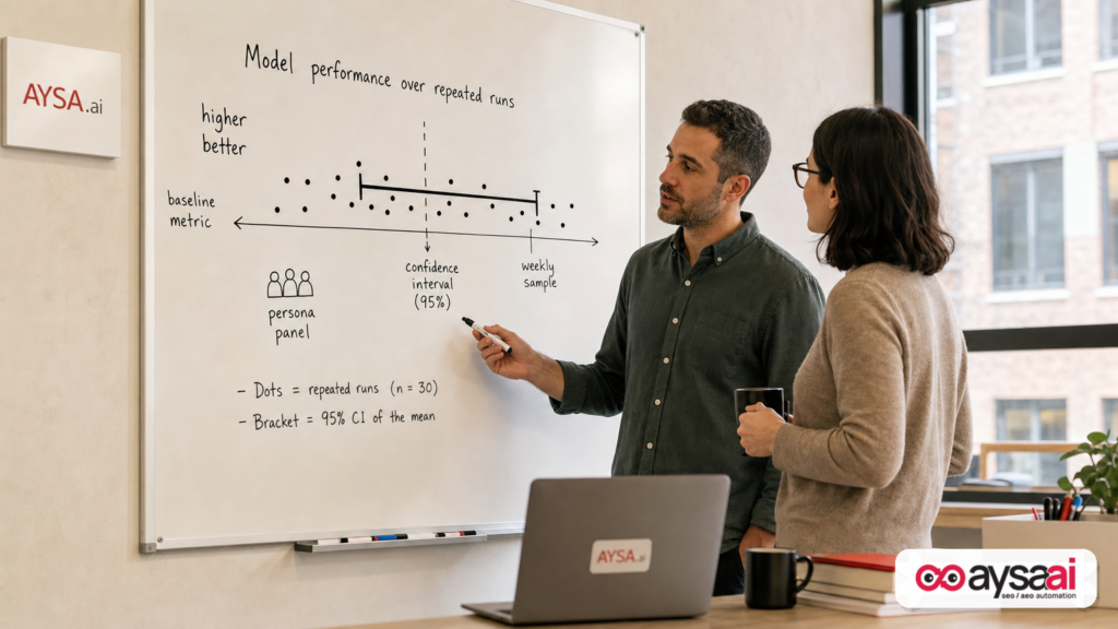 Whiteboard sketch showing repeated samples and a confidence interval bracket for statistically defensible AI visibility tracking.