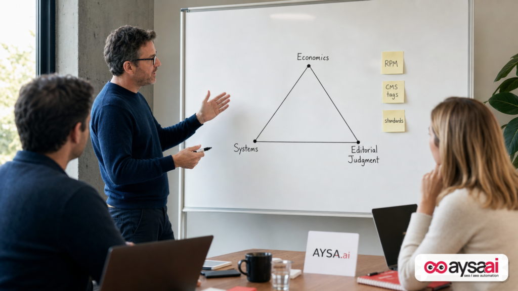 Whiteboard triangle showing economics, systems, and editorial judgment in a content operation meeting.