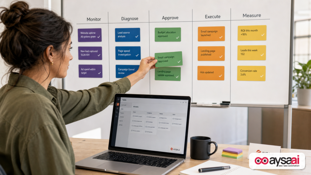 Workflow board showing monitor, diagnose, approve, execute, and measure steps.