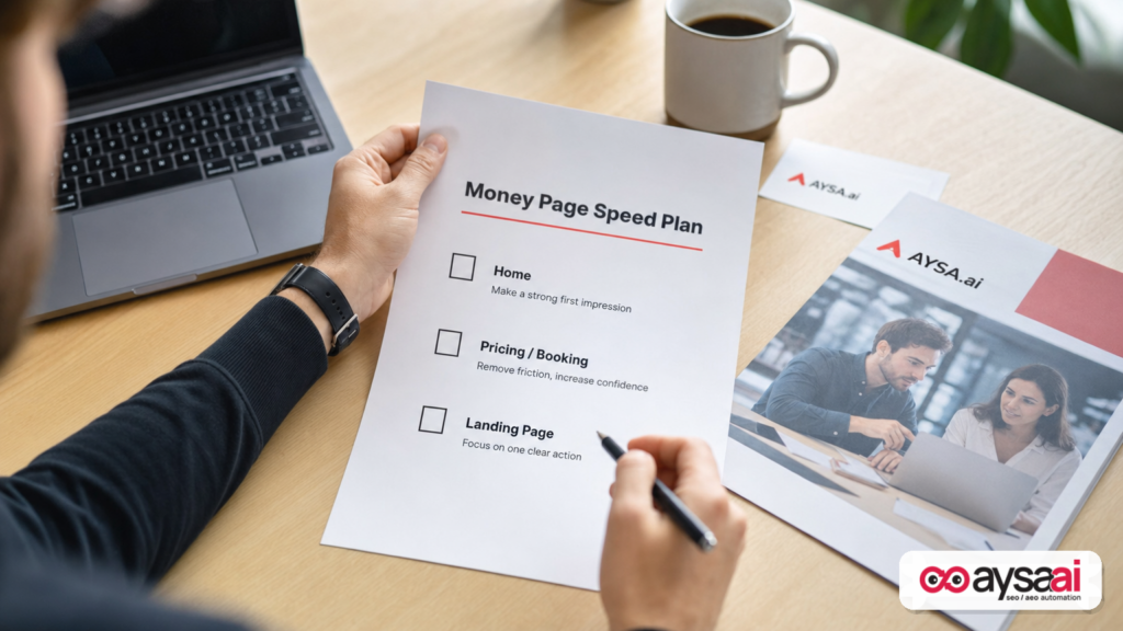 Worksheet mapping three priority pages to a speed and CDN plan on a desk beside a laptop.