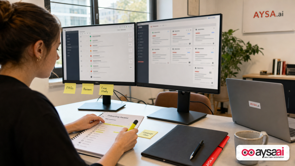 Workspace showing blurred CRM and support queue with an onboarding checklist being reviewed.