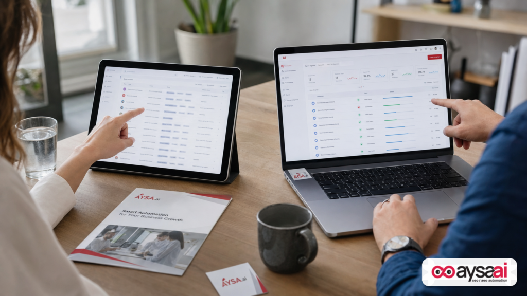 A business owner compares a lead inbox view with a campaign management view during the Local Services Ads migration.
