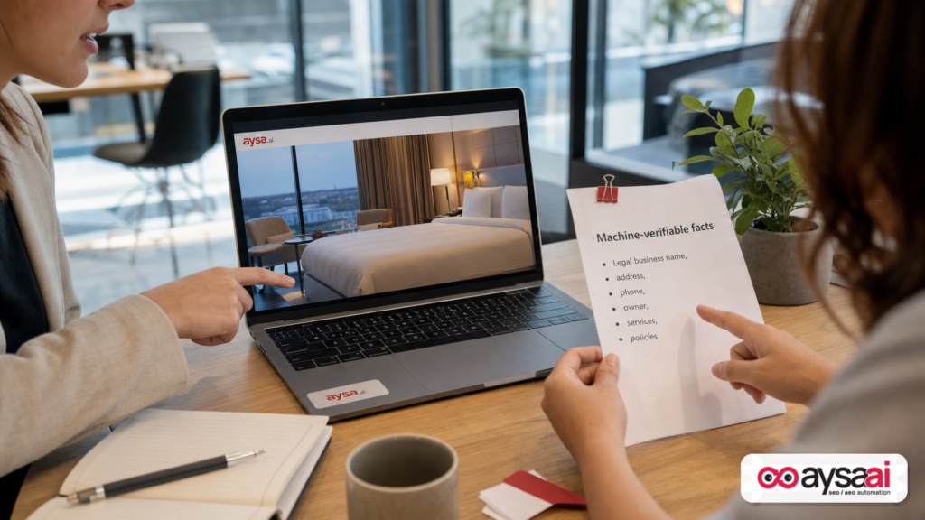 A business owner compares a visual homepage to a checklist of machine-verifiable business facts.