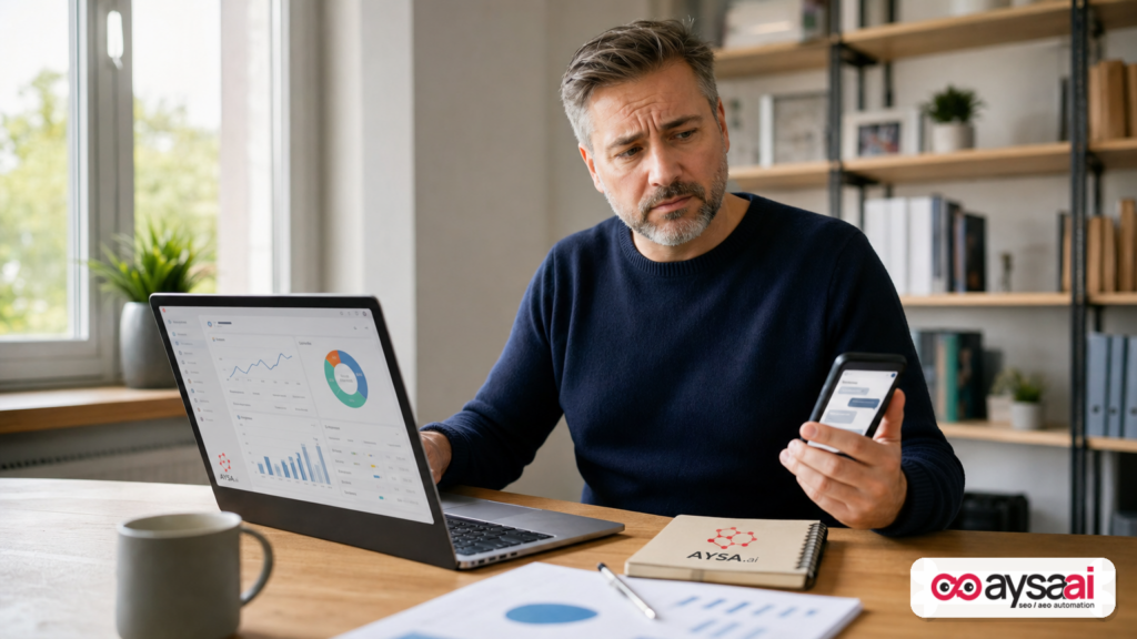 A business owner comparing analytics on a laptop with AI answers on a phone.