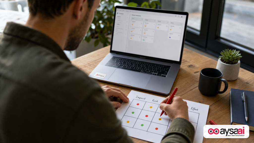 A business owner creating a simple impact, risk, and effort prioritization matrix for SEO tasks.