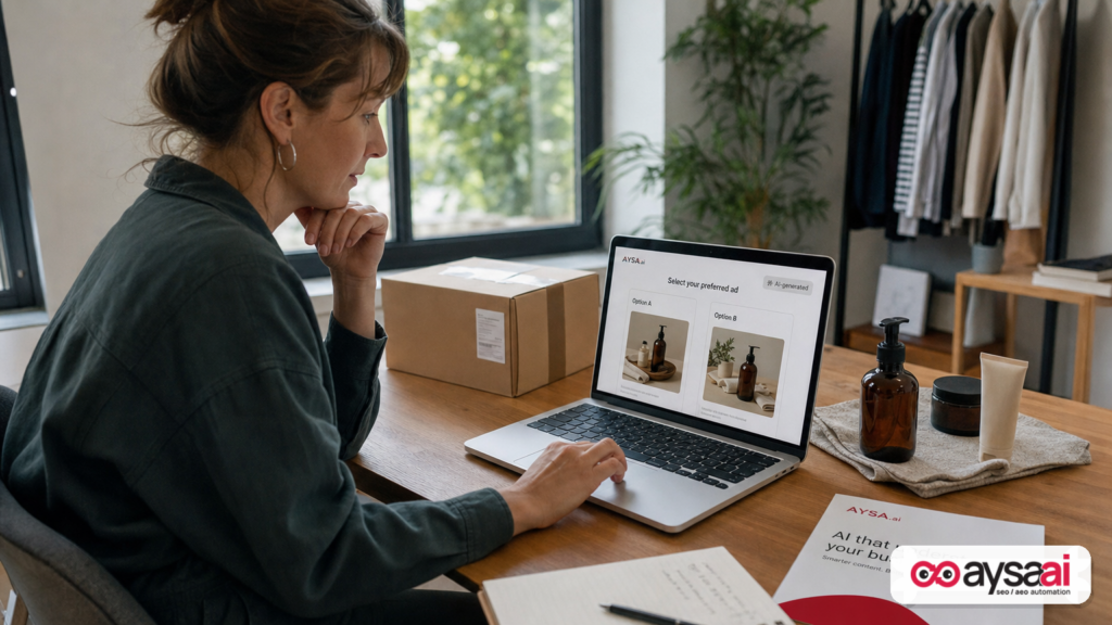 A business owner evaluates an online ad with a small AI disclosure label before clicking.