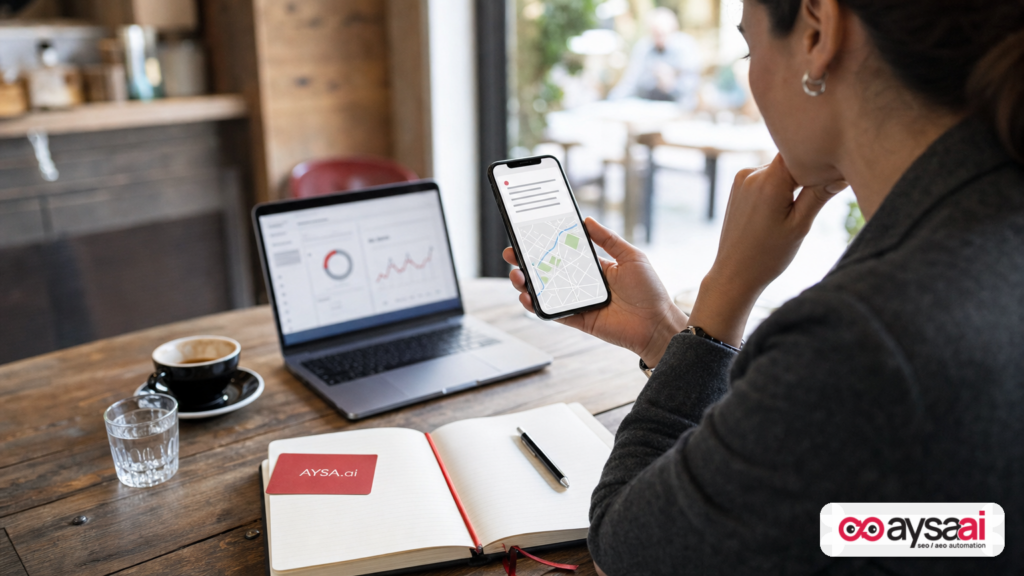 A business owner reviewing a generic AI summary on a phone instead of browsing a list of local results.