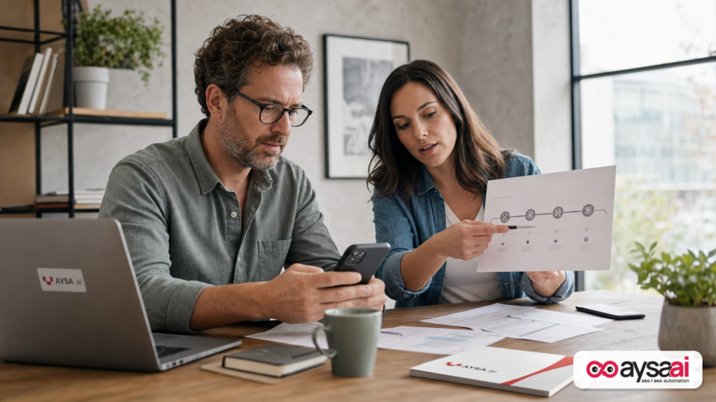 A business owner reviewing an AI-influenced search journey on a phone with a colleague.