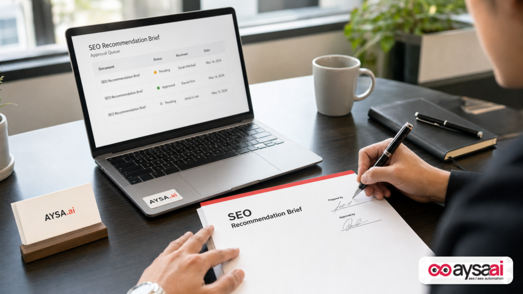 A business owner signing off on an SEO recommendation brief as part of an approval workflow.