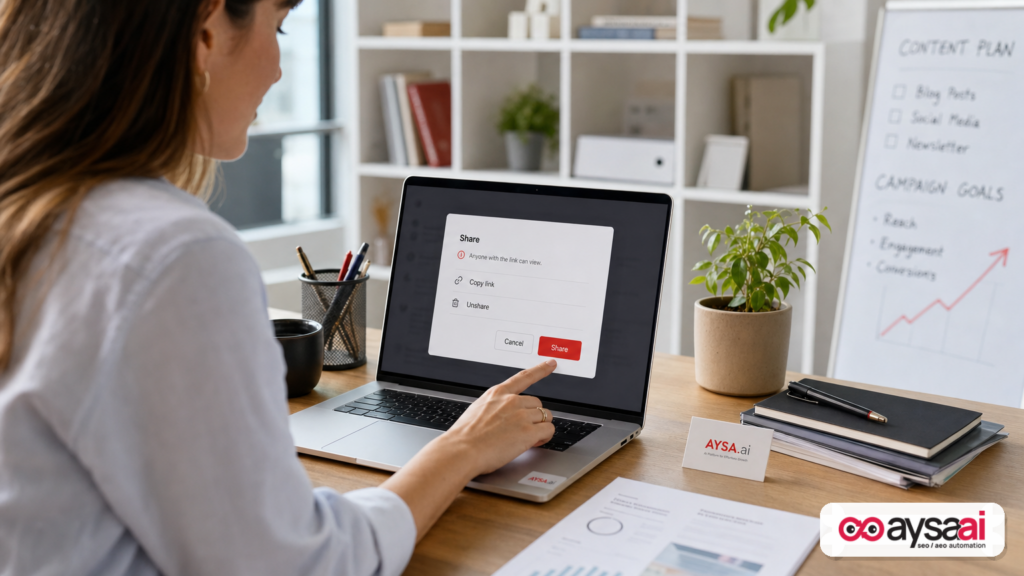 A business owner viewing a generic share-link modal on a laptop, emphasizing that shared links can be public.