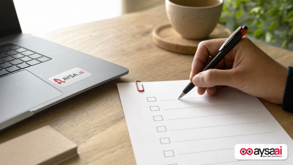 A checklist and laptop on a desk, representing an operational plan to improve AI search citations.