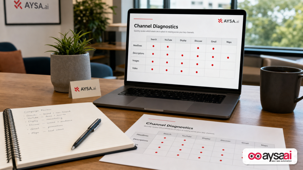A checklist-style worksheet showing channel-by-channel creative asset gaps for a Performance Max campaign.