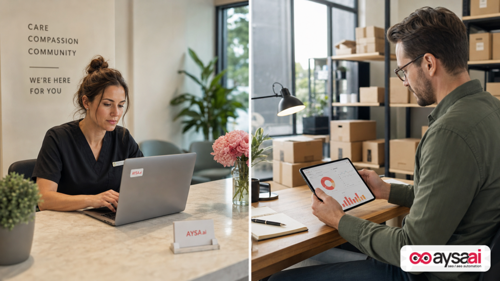A clinic manager and an ecommerce operator each reviewing marketing performance on their devices.