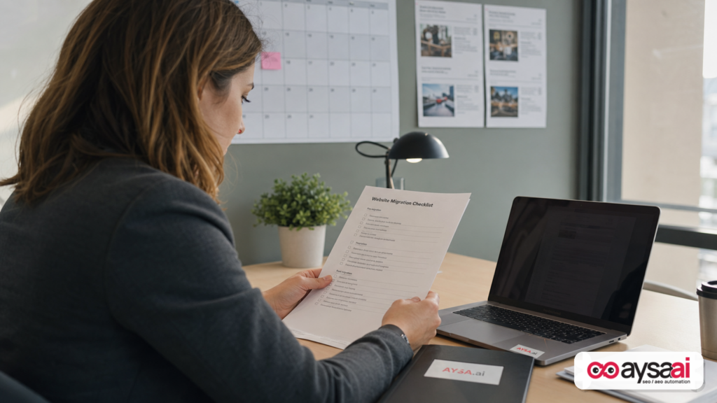 A clinic manager reviewing a website migration checklist next to a laptop.