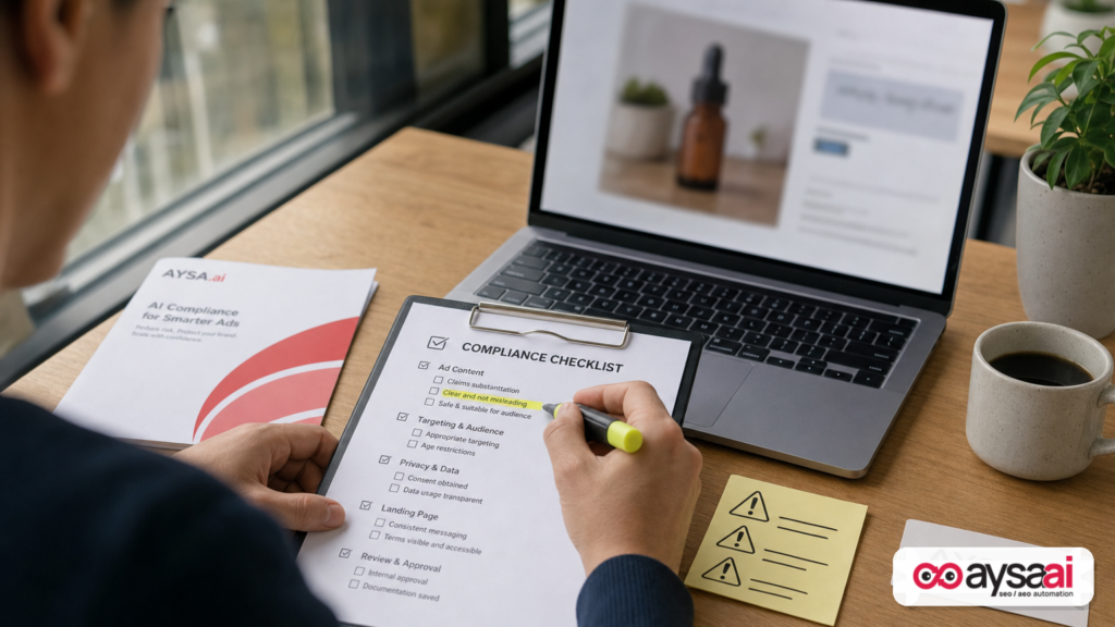 A compliance checklist next to a laptop showing a blurred ad preview, suggesting review of AI-generated summaries for accuracy.