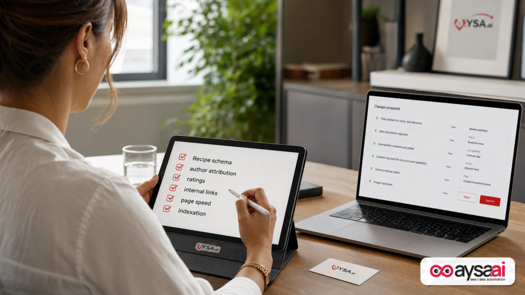 A content editor reviewing an SEO execution checklist and an approve-or-reject workflow for website changes.