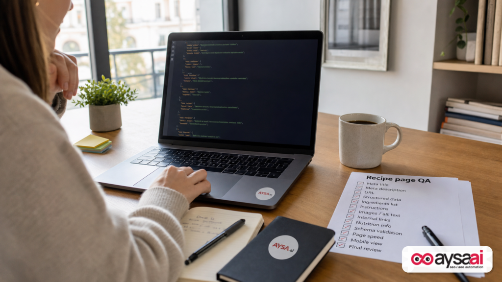 A content editor workspace with a checklist and a laptop preparing structured information for recipe pages.