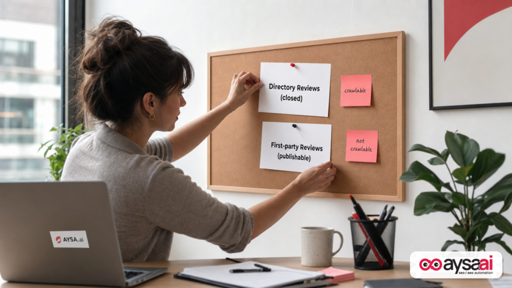 A corkboard showing the difference between directory reviews and first-party published reviews.