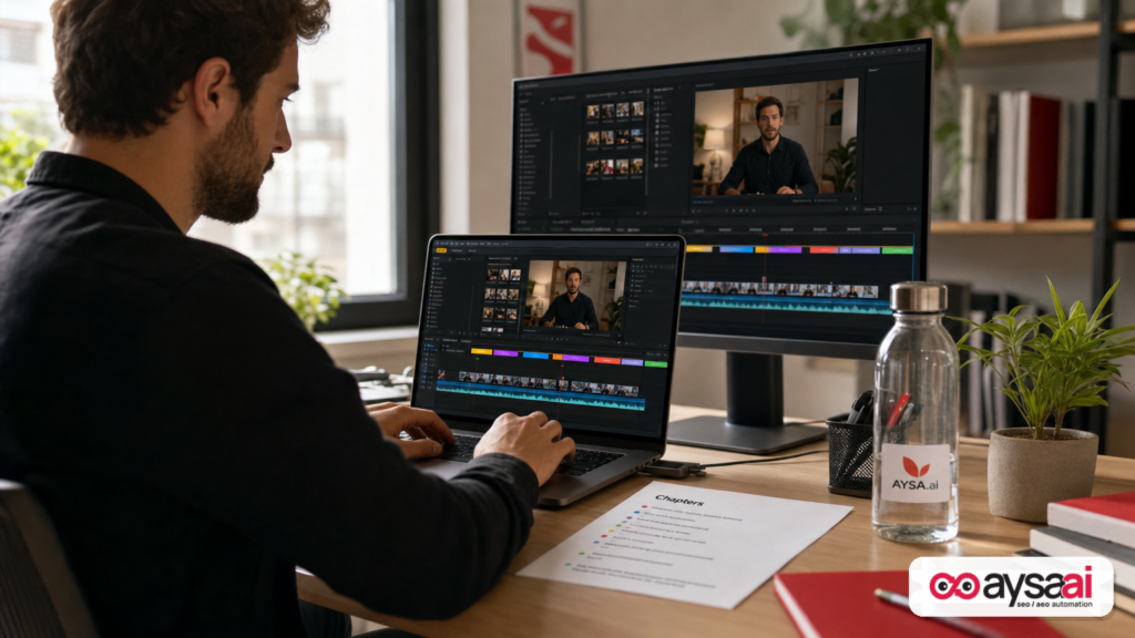 A creator planning chapters and segments in a video editing timeline to make content easier to match to questions.