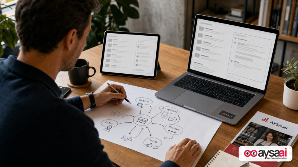 A desk scene showing a branching customer journey across search, AI answers, maps, reviews, and social.