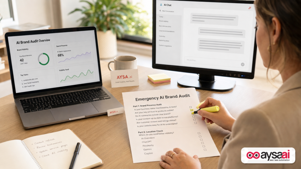 A desk setup showing an AI brand audit worksheet and a generic chat interface.