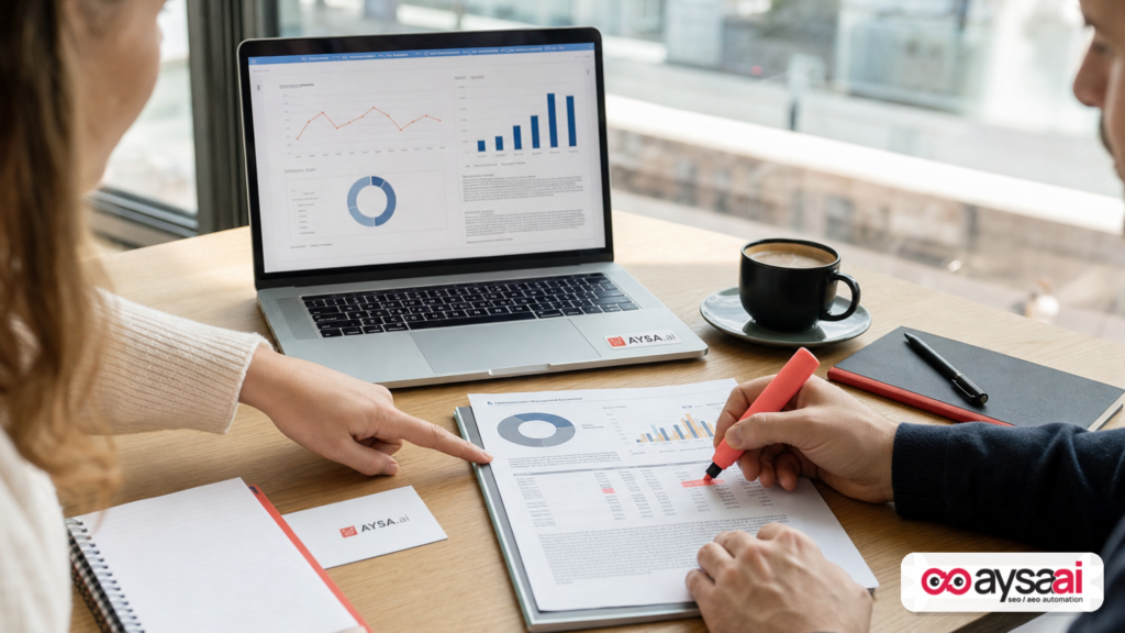 A desk with a research brief highlighted, representing analysis of AI Mode ad presence and citations.