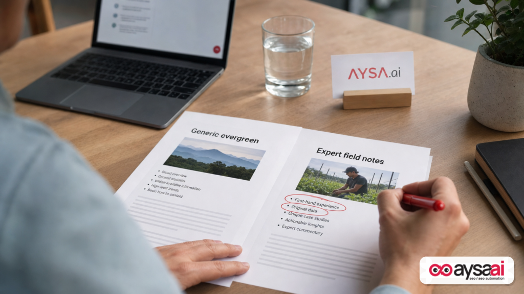 A desk with content drafts highlighting first-hand expertise versus generic evergreen content.