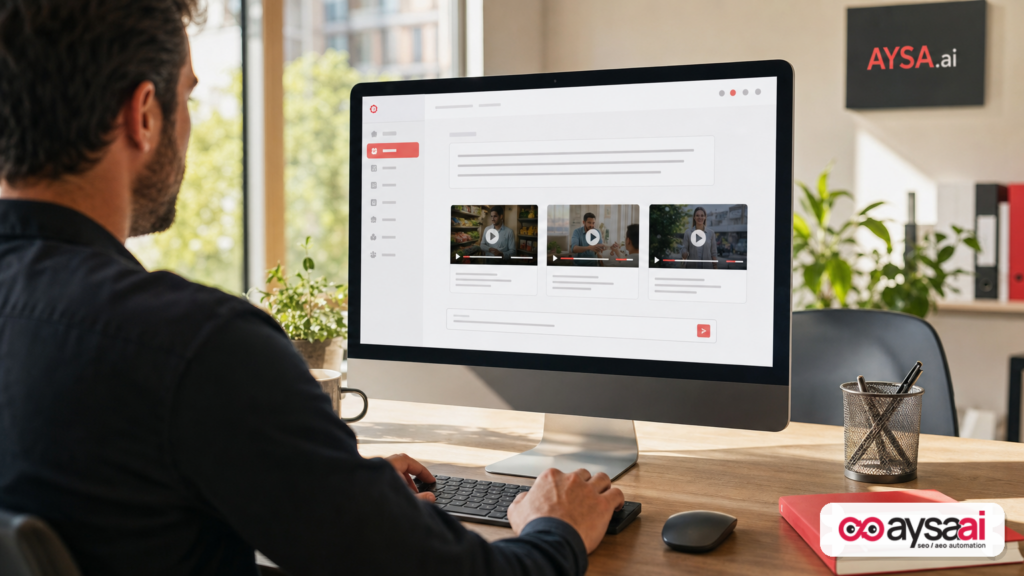 A desktop monitor showing a generic AI-assisted video search interface with a short answer and video results.