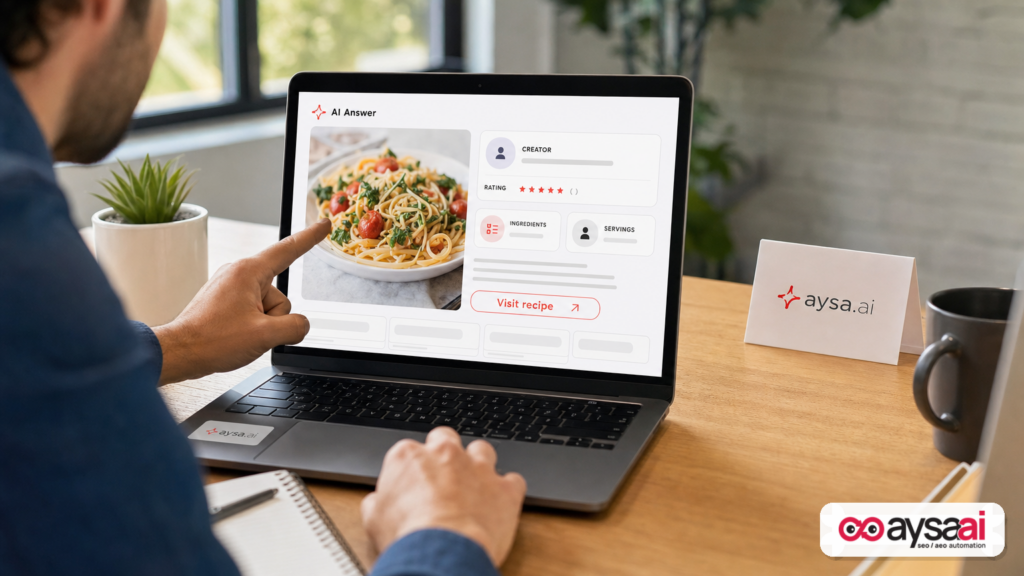 A fictional AI recipe answer module emphasizing creator attribution, ratings, and a prominent link to visit the publisher page.