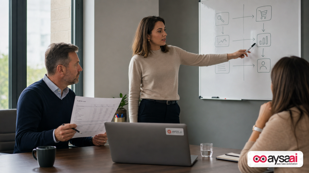 A finance lead and marketer align on SEO goals using business outputs rather than traffic metrics.