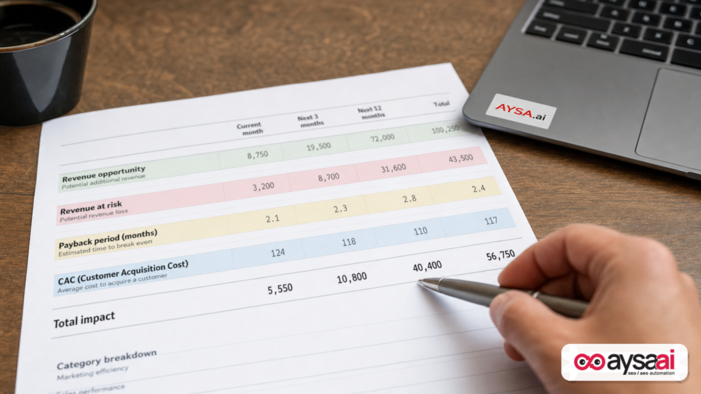 A financial model printout highlighting business metrics like revenue opportunity and payback period.