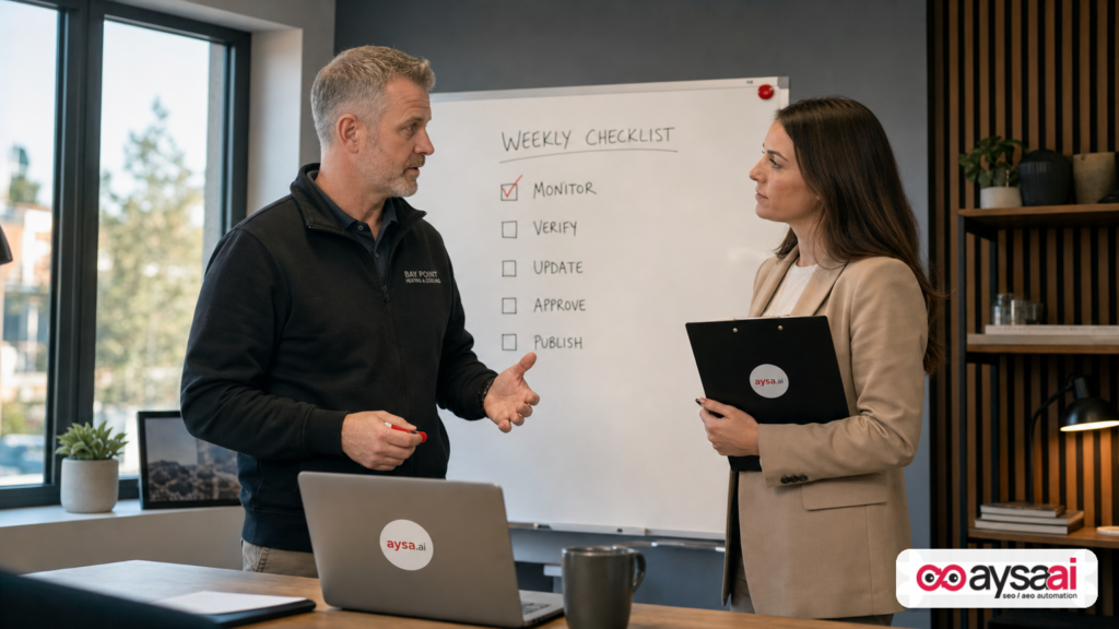 A founder and marketing manager reviewing a weekly AI search readiness checklist on a whiteboard.