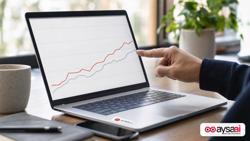 A generic trend chart with two lines comparing current vs previous period on a laptop screen.