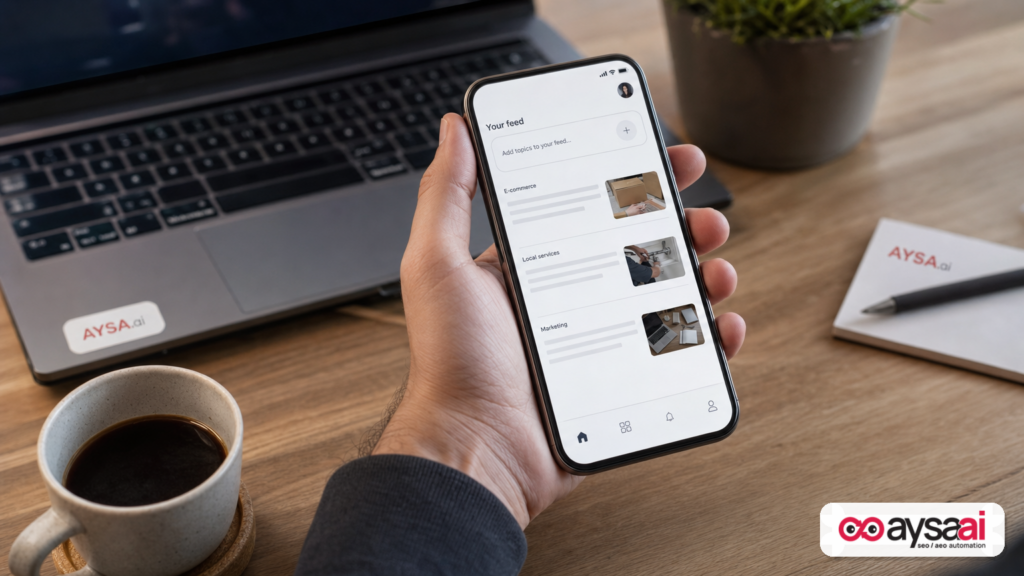 A hand holding a phone with a generic content feed and a prompt field to add topics.