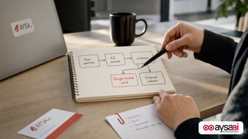 A hand points to a simple diagram showing AI answers citing Google-hosted cards versus external websites.