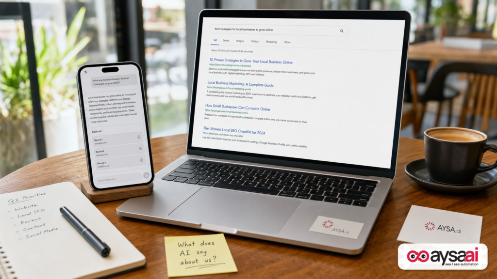 A laptop and phone showing generic search and AI answer interfaces to illustrate reputation across SERPs and AI assistants.