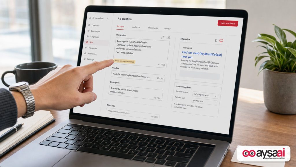 A laptop screen shows a generic ad template with a dynamic keyword placeholder highlighted.