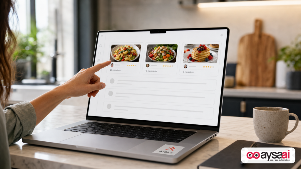 A laptop showing a generic AI search interface with recipe links displayed prominently at the top of the response.