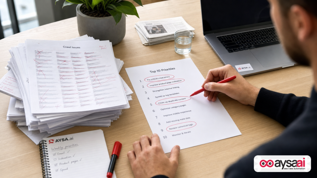 A large stack of crawl issues next to a short prioritized list being marked up by a marketer.