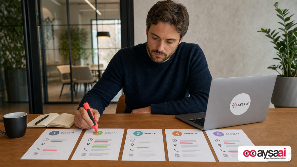 A manager comparing five AI answer cards with highlighted inconsistencies for the same business location.